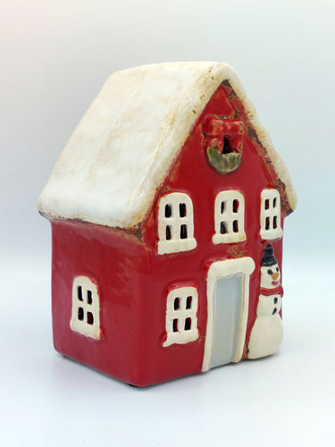 Red Christmas Tealight House With Snowman Detail