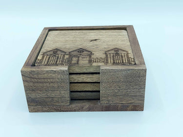 Wooden Coasters Set "Beach Hut & Bird Engraving"