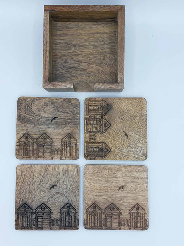Wooden Coasters Set "Beach Hut & Bird Engraving"