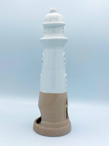 White & Sand Ceramic Lighthouse Tealight