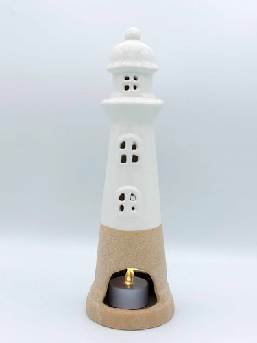 White & Sand Ceramic Lighthouse Tealight