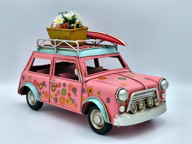 Retro Tin Model Car "Flower Power" In Pink Or Mint