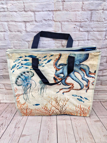 Ocean Shopper Bag with Blue Handles