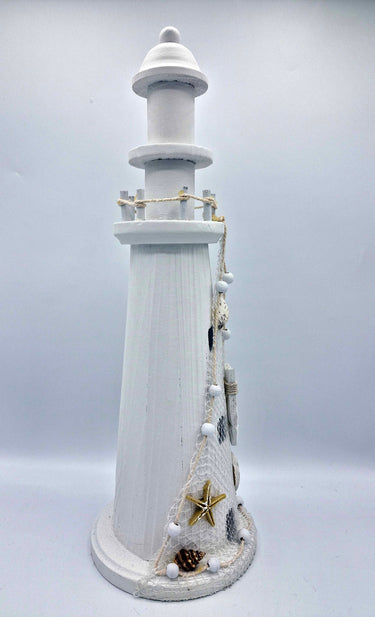 Rustic White Wooden Lighthouse With Rope & Shell Detail