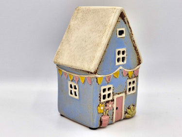 Blue Ceramic Cottage Tea-Light With Bunting Detail
