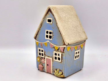 Blue Ceramic Cottage Tea-Light With Bunting Detail