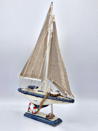 Wooden & Hessian Boat Ornament In Blue & White - Sails & Lifebuoy