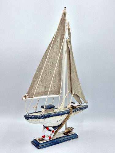 Wooden & Hessian Boat Ornament In Blue & White - Sails & Lifebuoy