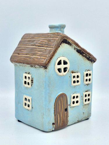 Blue Ceramic Tea-Light - Cottage With Wood Effect Roof