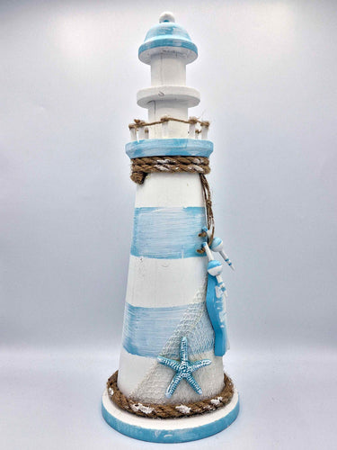 Rustic Lighthouse Ornament In White & Pale Blue - Fish & Rope Décor