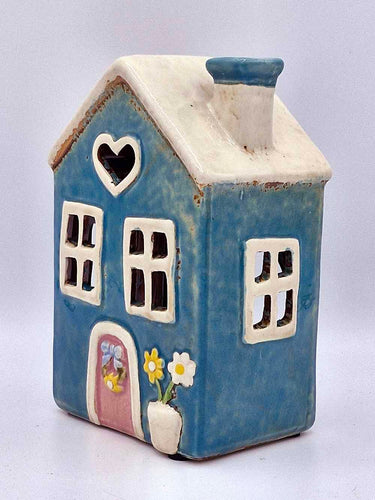 Ceramic Teal Floral Heart Cottage Tea Light Holder