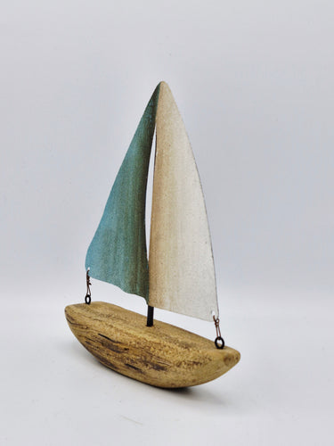 Blue and White Metal and Wood Boat