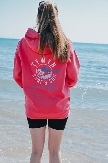 Ladies Pink Hoody "Tywyn Retro Print Surf & Sun"