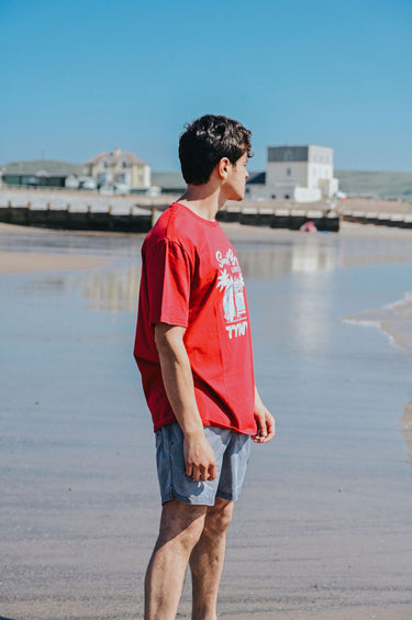 Men's Red Cotton T-Shirt "Retro Campervan Logo Tywyn"