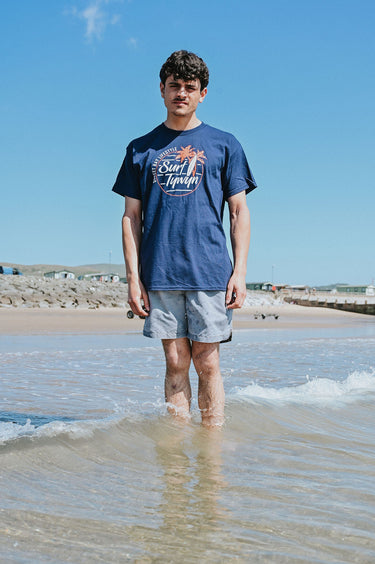 Men's Navy Cotton T-Shirt "Surf Tywyn, Orange Palm Tree"