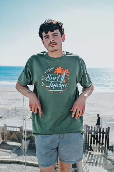 Men's Khaki Cotton T-Shirt "Surf Tywyn, Orange Palm Trees"