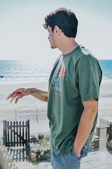 Men's Khaki Cotton T-Shirt "Surf Tywyn, Orange Palm Trees"