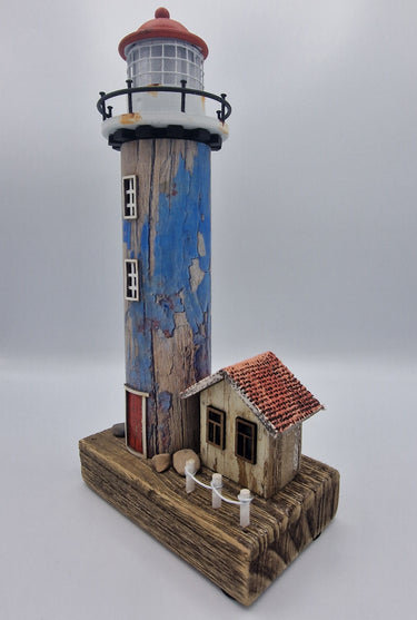 Rustic Wood & Metal LED Lighthouse With Cottage
