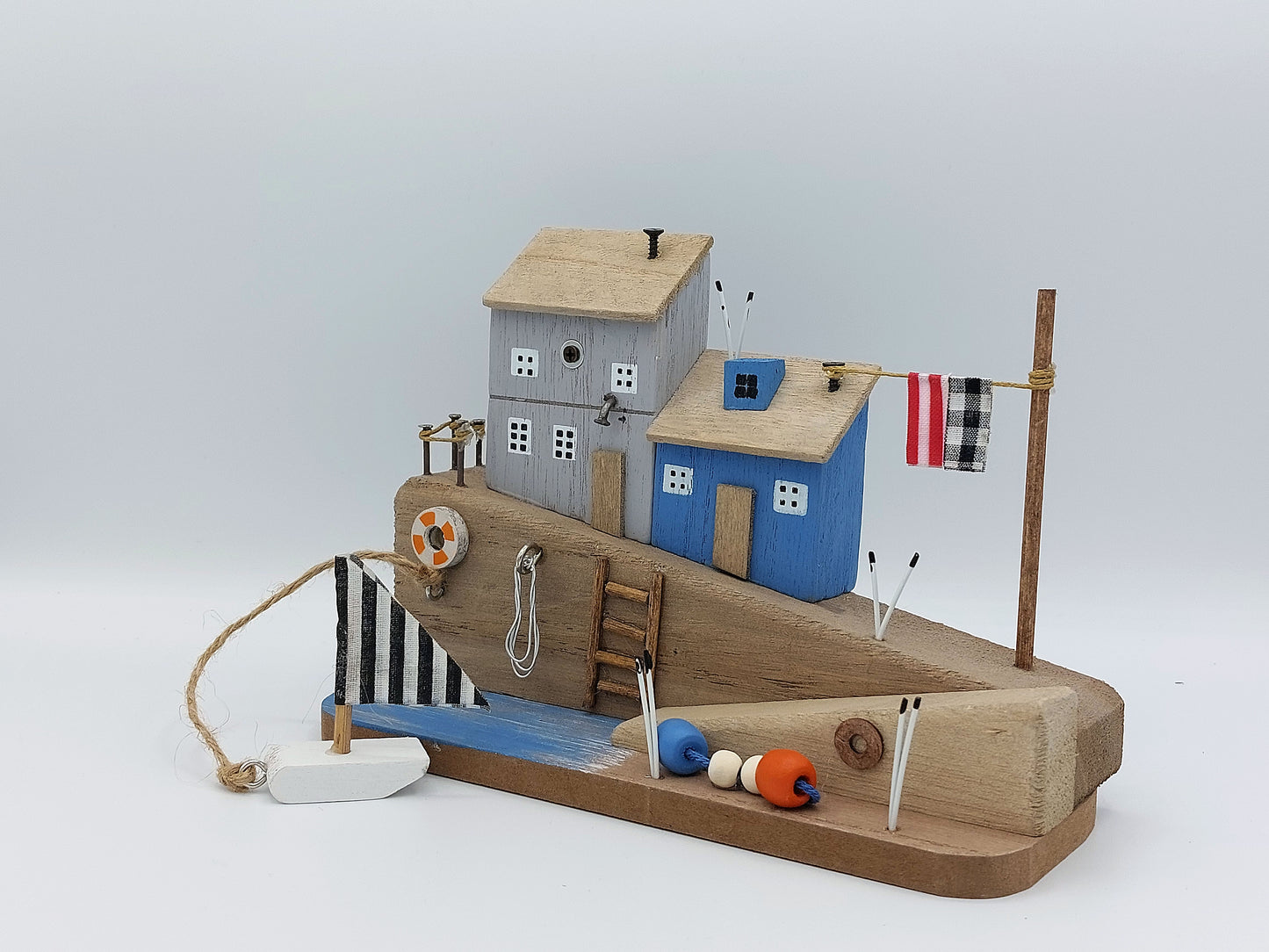 Seaside Driftwood Look House Scene With Boat