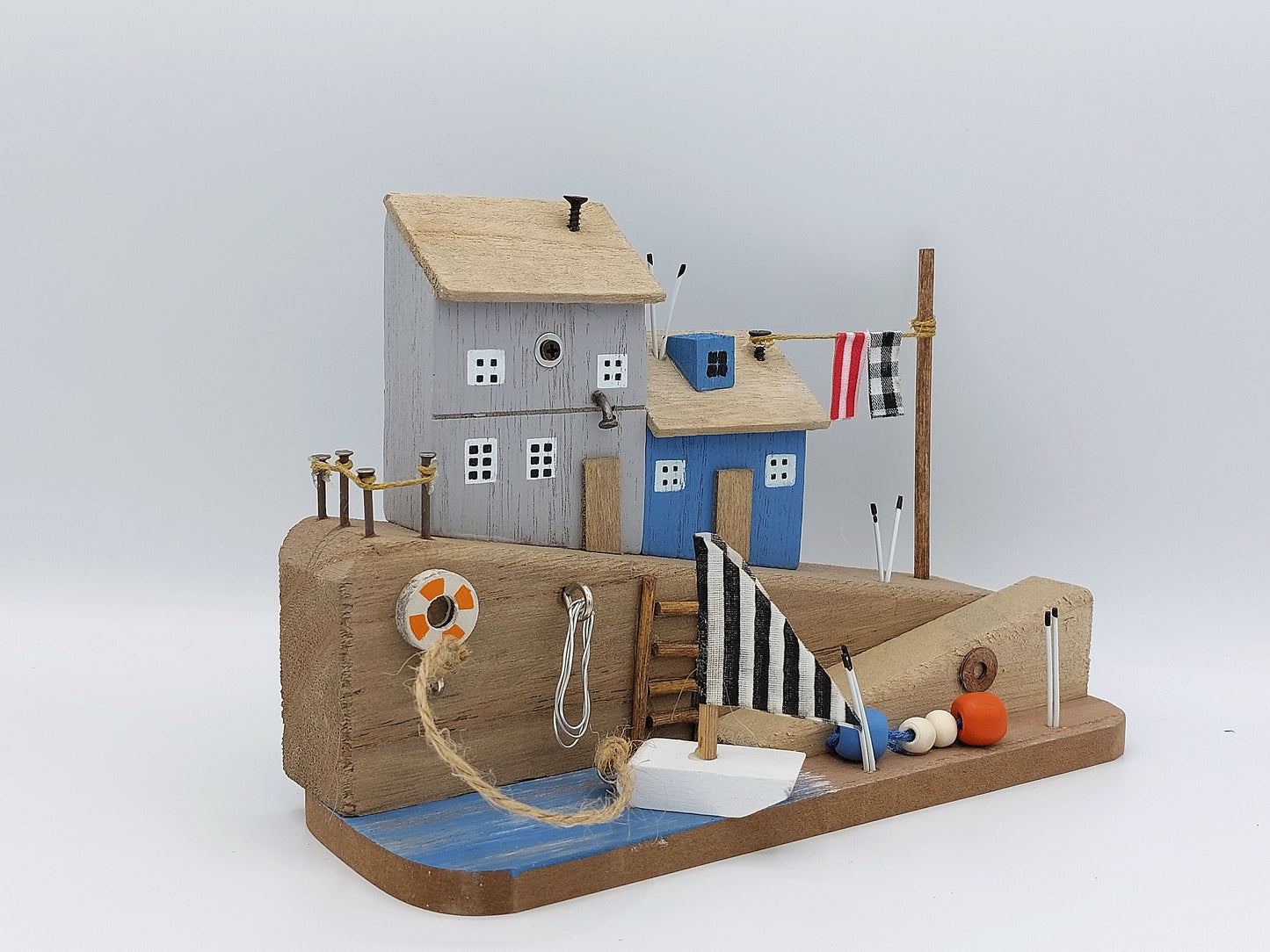 Seaside Driftwood Look House Scene With Boat