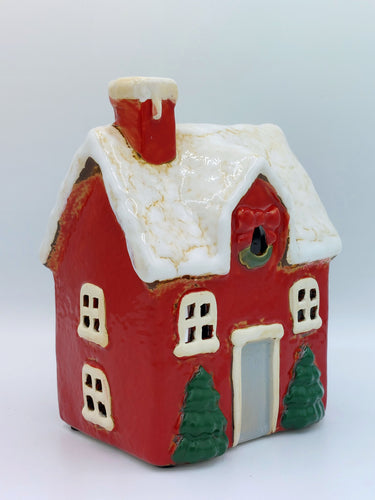 Little Red Ceramic House With Trees and Wreath