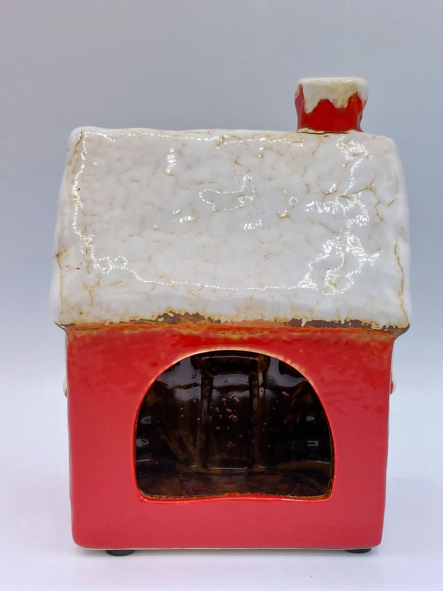 Little Red Ceramic House With Trees and Wreath