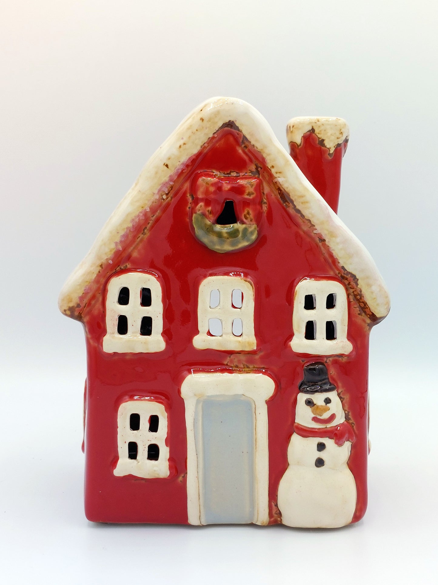 Ceramic House With Snowman and Wreath