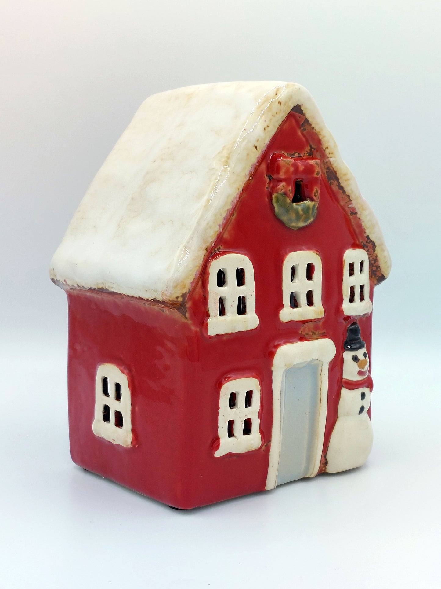 Ceramic House With Snowman and Wreath