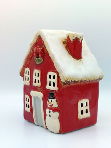 Red Christmas Tealight House With Snowman Detail