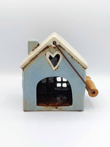 Rustic Blue House Tealight With Handle