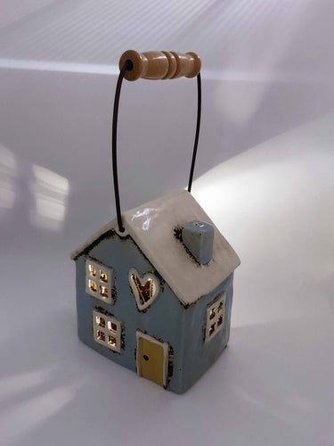 Rustic Blue House Tealight With Handle