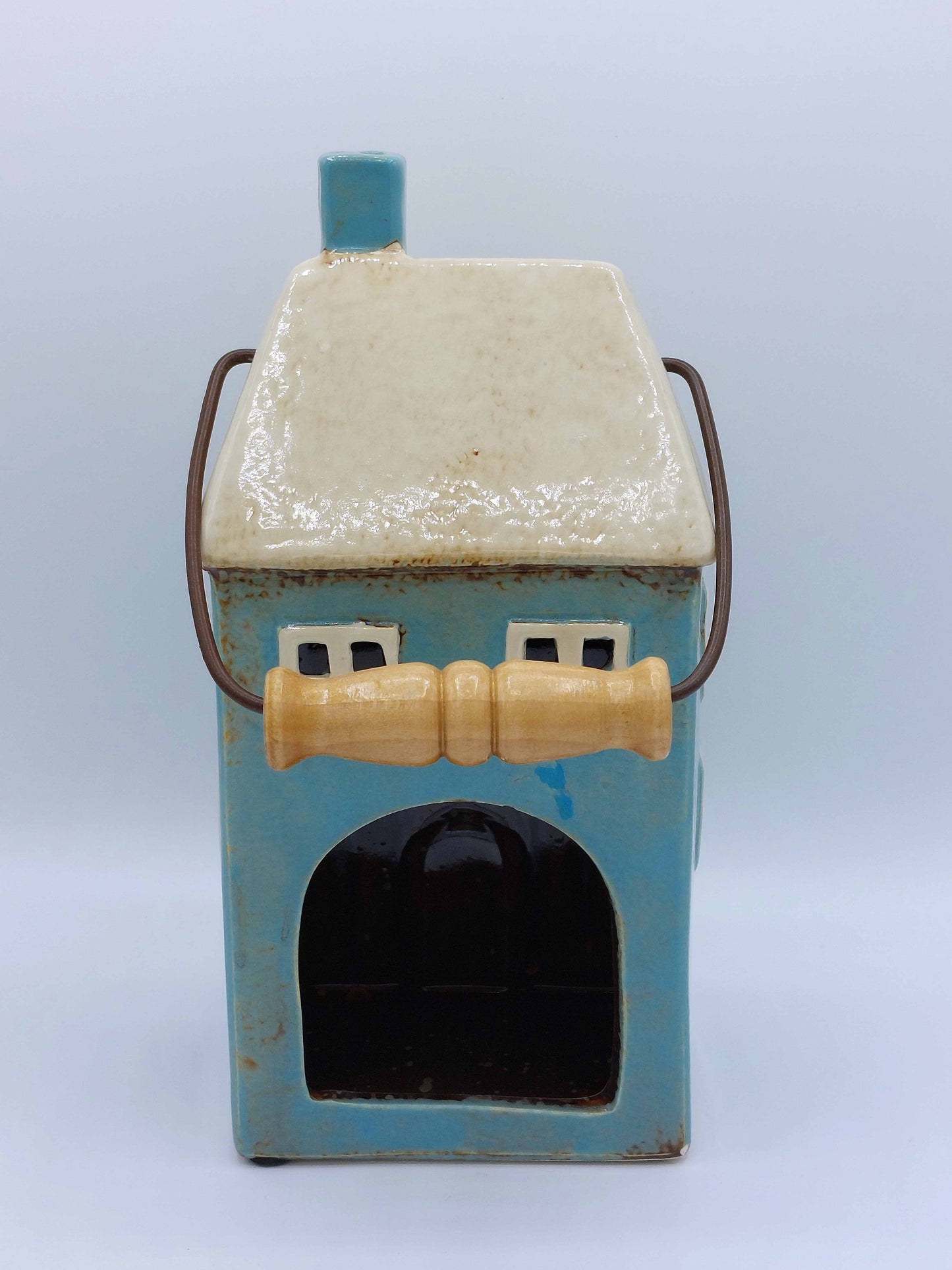 Teal Ceramic House Tea-Light with Handle