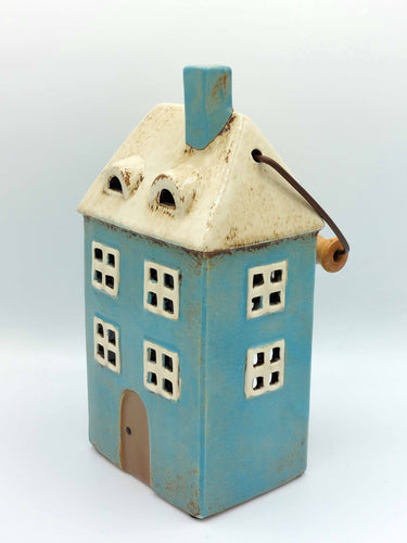 Ceramic House Tealight With Handle In Blue