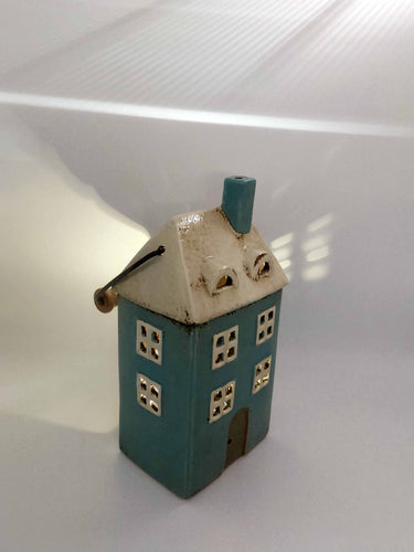 Ceramic House Tealight With Handle In Blue