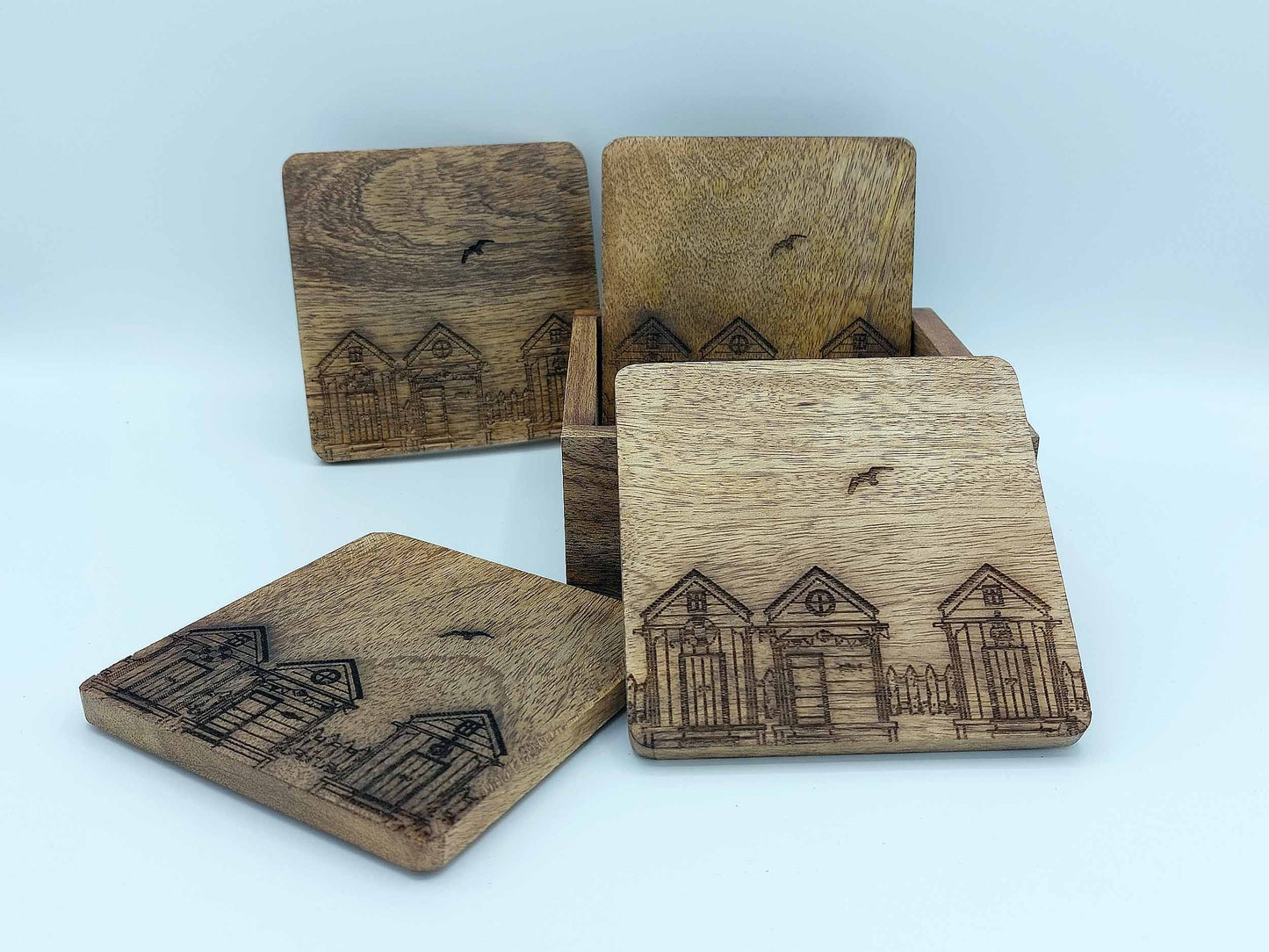 Wooden Coasters with Beach Hut and Bird Engraving