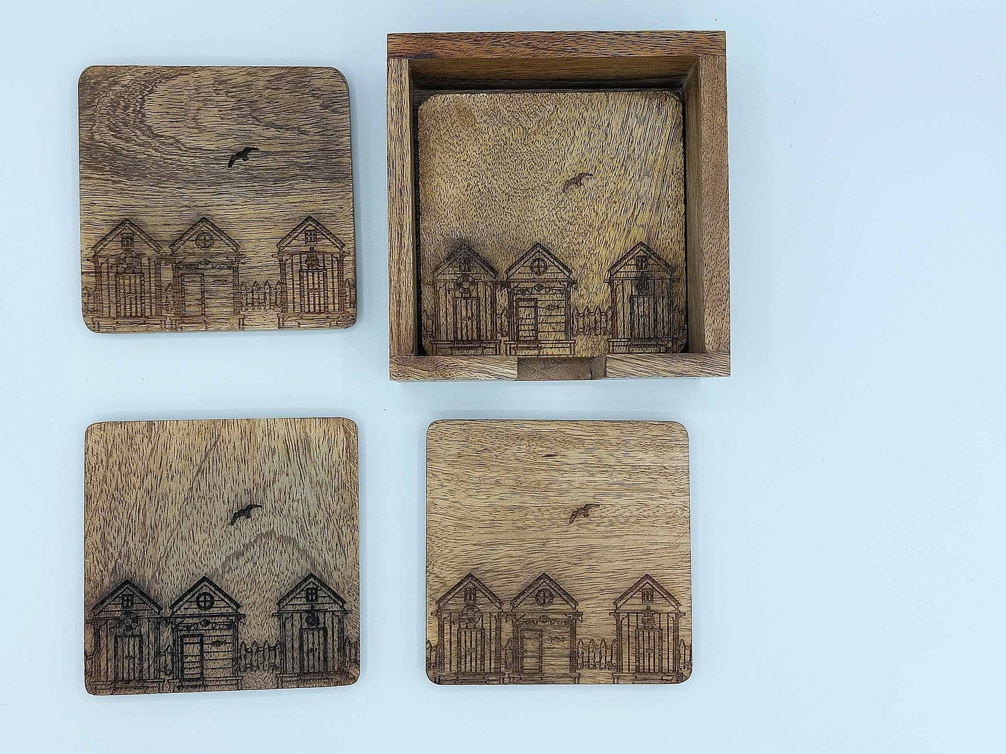 Wooden Coasters with Beach Hut and Bird Engraving