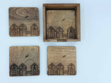 Wooden Coasters Set "Beach Hut & Bird Engraving"