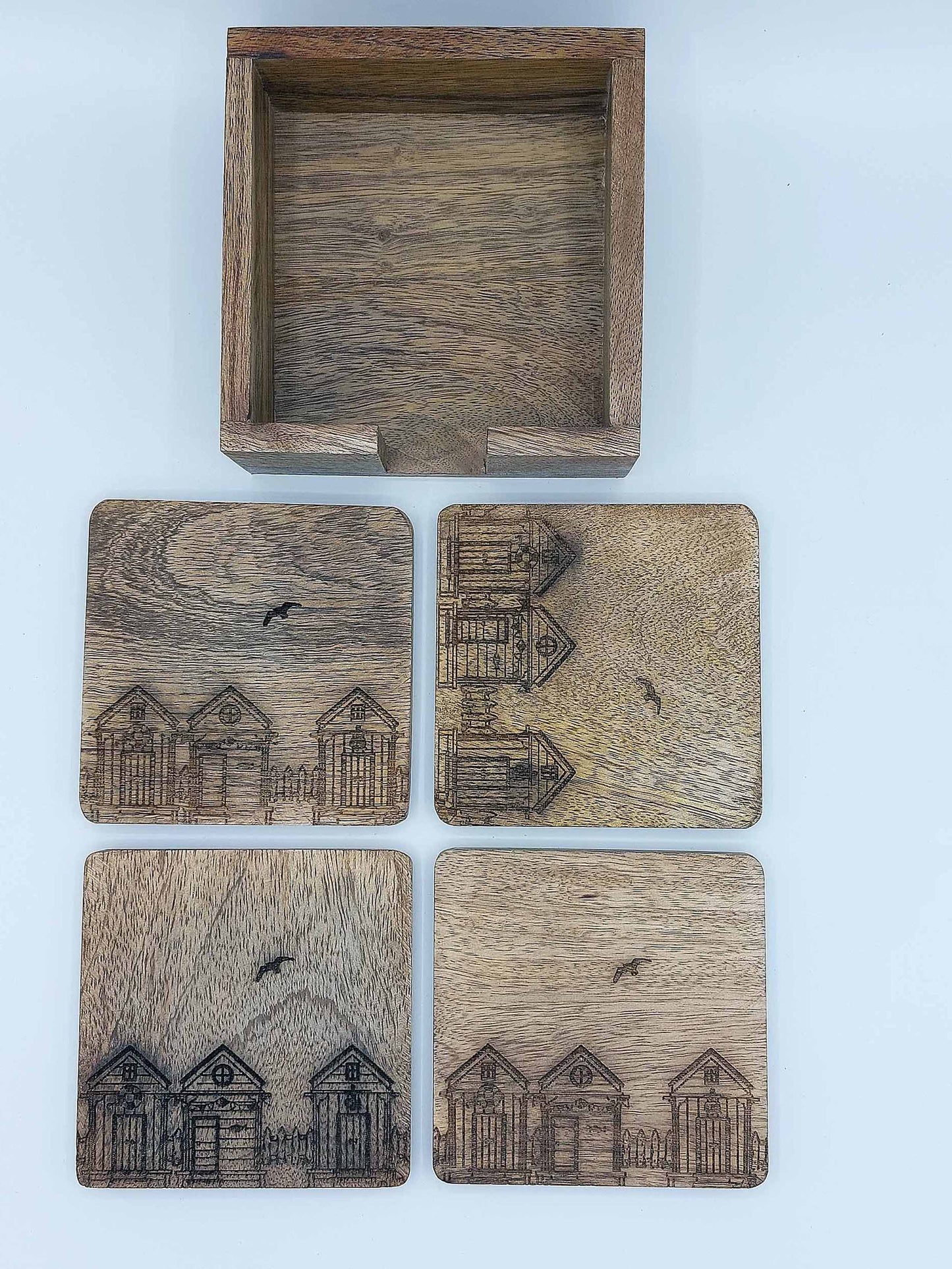 Wooden Coasters with Beach Hut and Bird Engraving