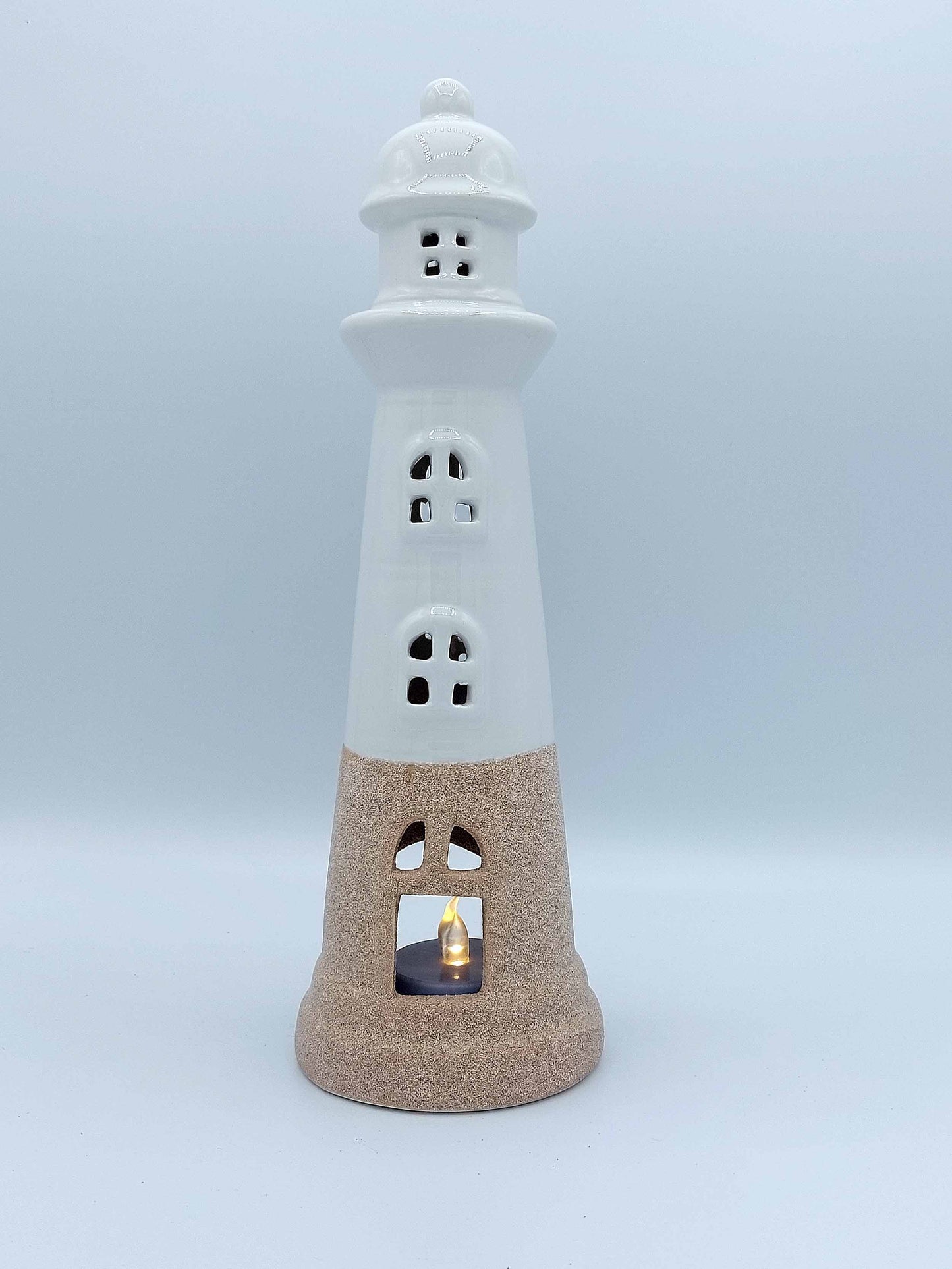 Ceramic Tea Light Lighthouse in White and Sand