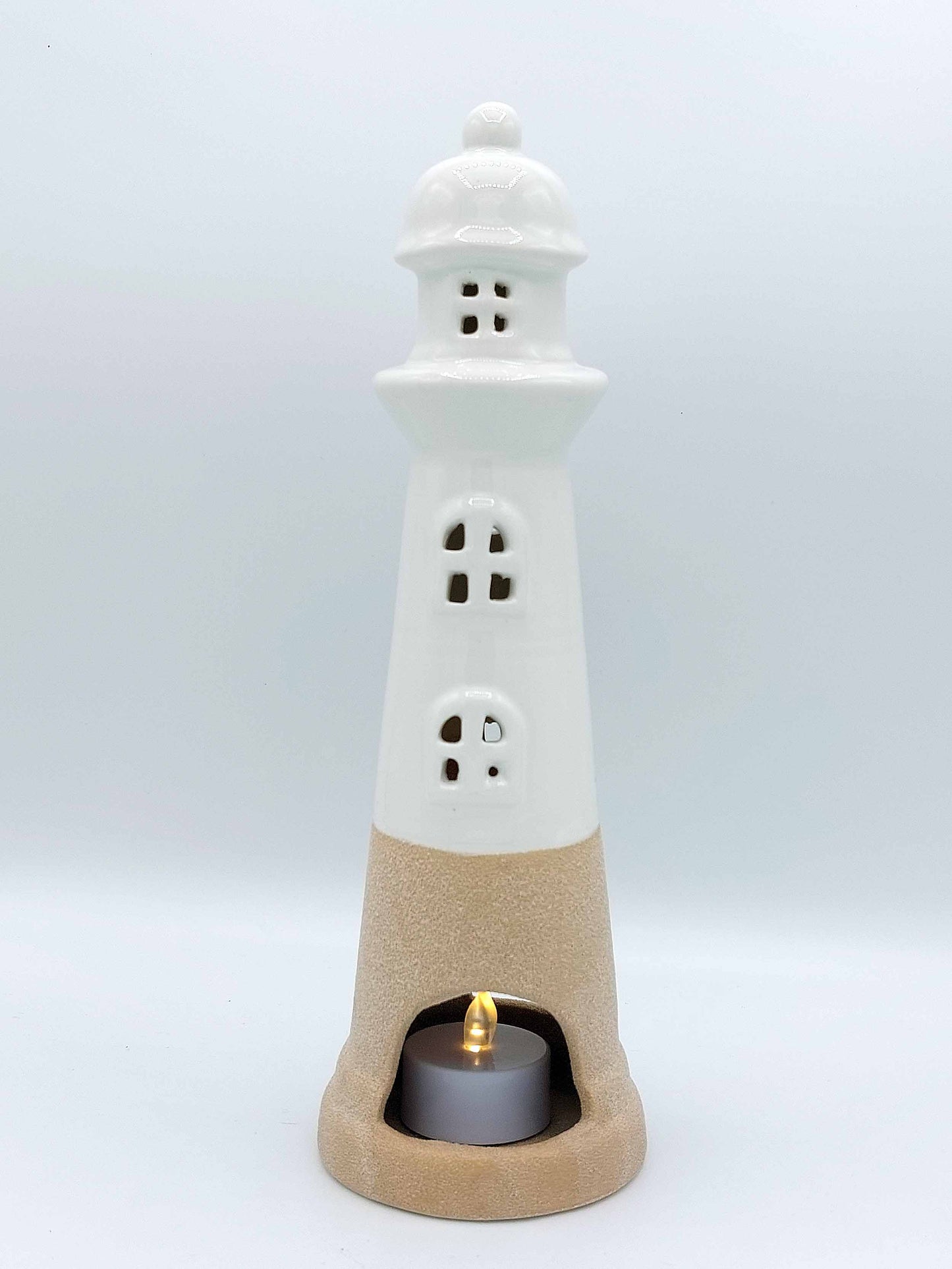 Ceramic Tea Light Lighthouse in White and Sand