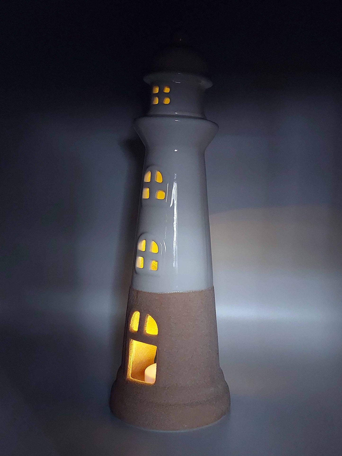 Ceramic Tea Light Lighthouse in White and Sand