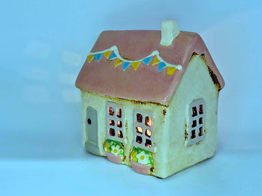 Pink Bunting Ceramic Cottage Tea Light Holder