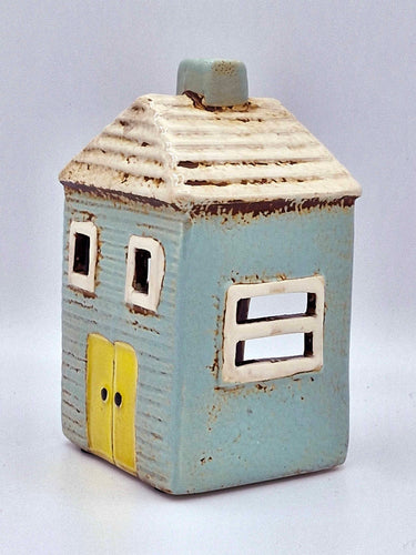 Small Pale Blue Ceramic House Tea Light Holder