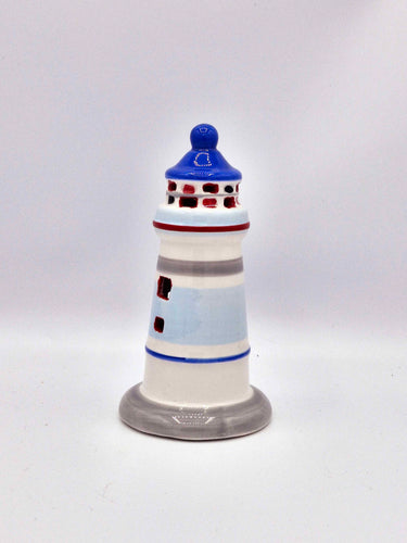 Light-up Ceramic Lighthouse In Red,White, Grey & Blue