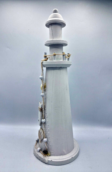 Rustic White Wooden Lighthouse With Rope & Shell Detail