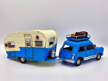 Retro Tin Car & Caravan Model In Red Or Blue (Detachable Caravan)