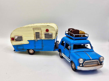 Retro Tin Car & Caravan Model In Red Or Blue (Detachable Caravan)