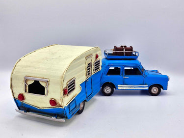 Retro Tin Car & Caravan Model In Red Or Blue (Detachable Caravan)