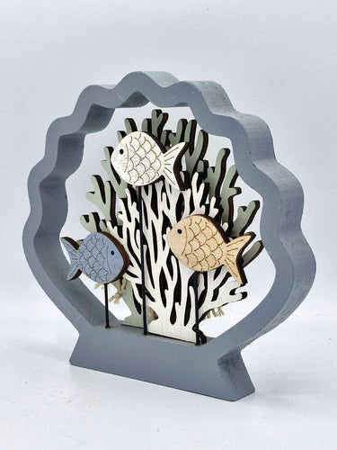 Wooden Fish & Coral Scene With Scalloped Shell Edge