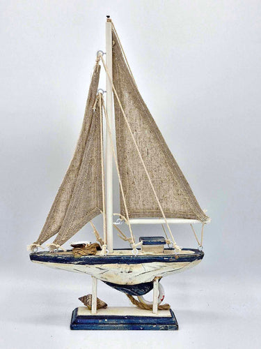 Wooden & Hessian Boat Ornament In Blue & White - Sails & Lifebuoy